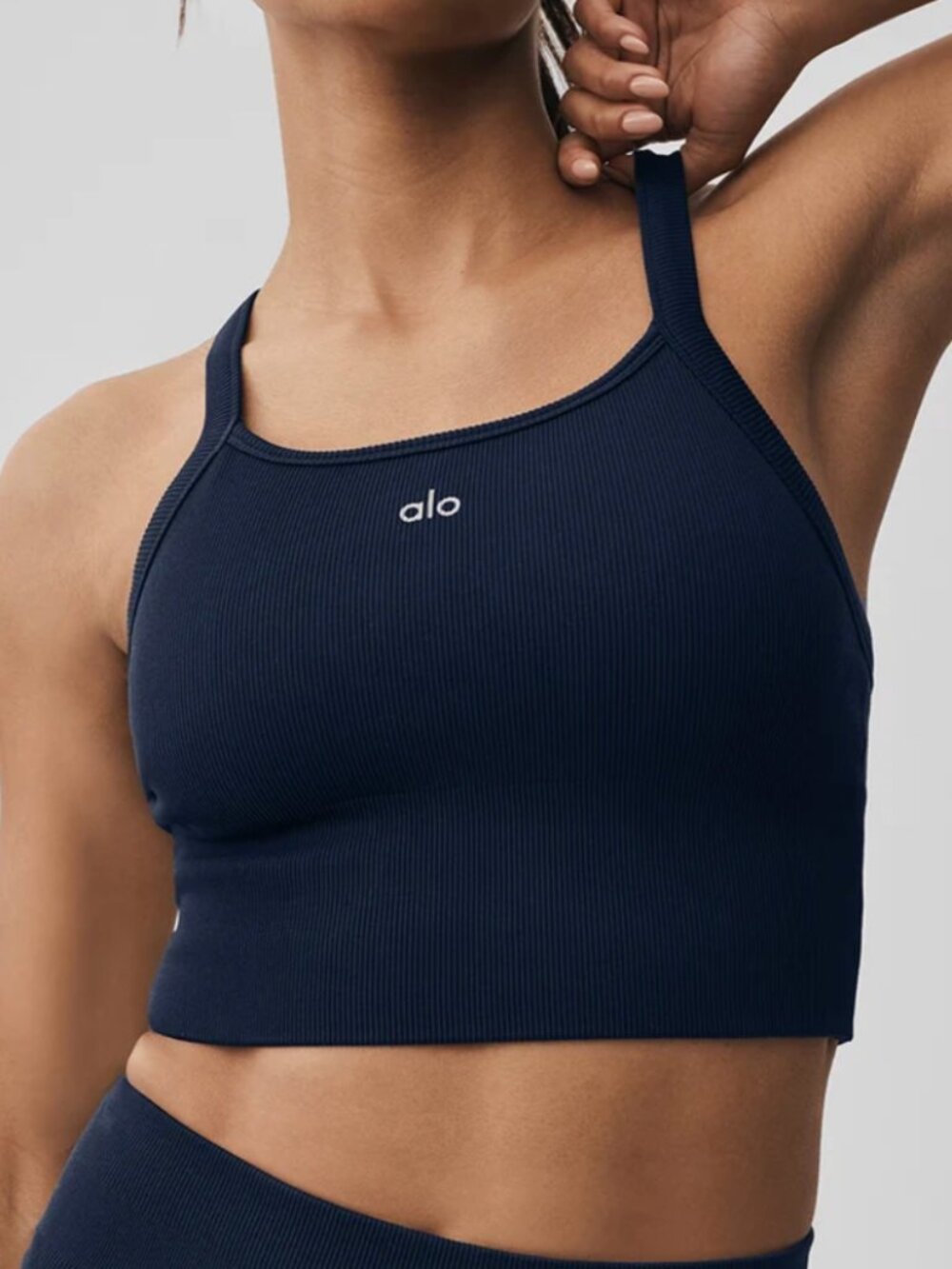 Alo Yoga Seamless Ribbed Favorite Longline Bra Tank Navy Blue S/M